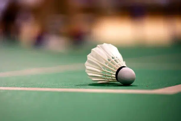 badminton shuttlecock lying on court floor