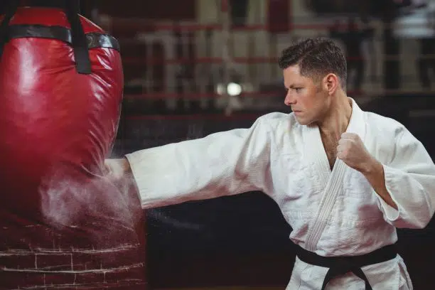 karate fighter hitting a punchbag