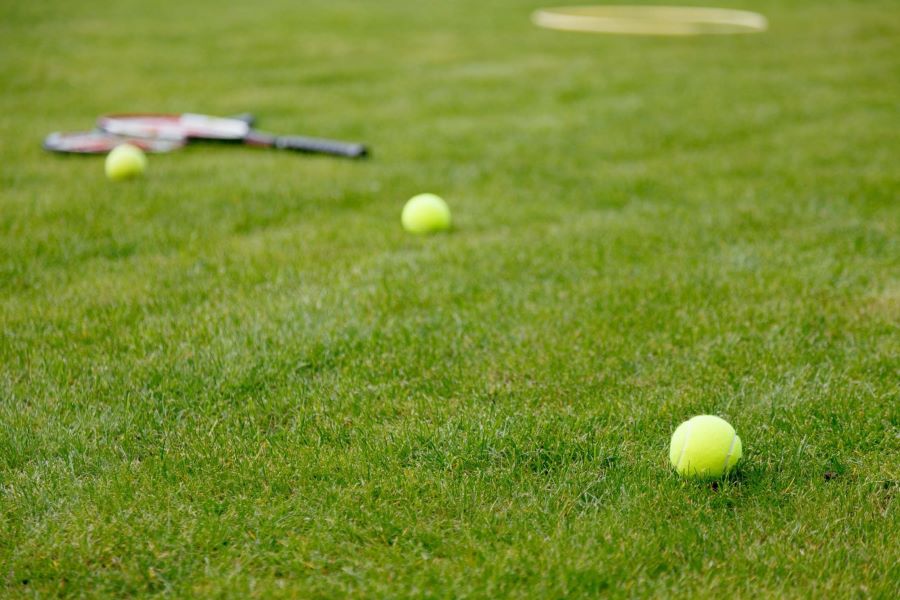 Tennis balls and rackets on grass court