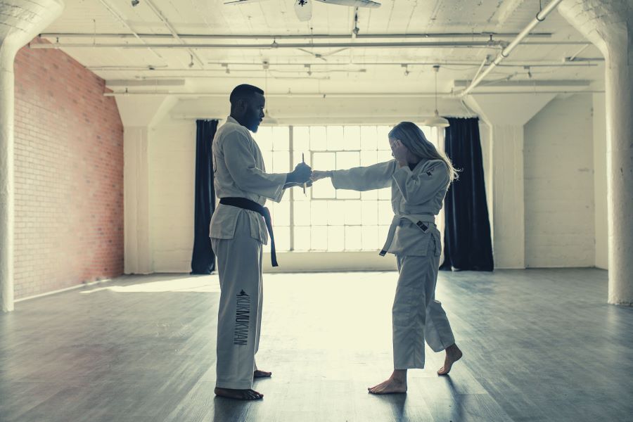 Karate training in a modern-style dojo