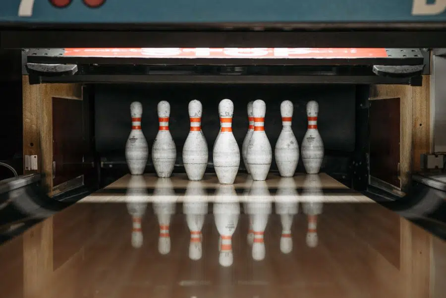 Bowling pins set up on a lane